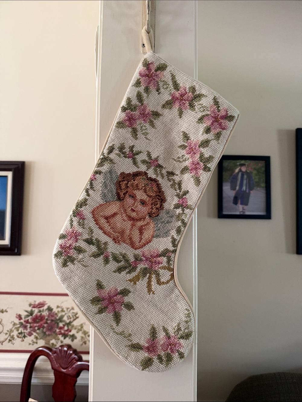 Handmade wool and cotton cherub Christmas stocking